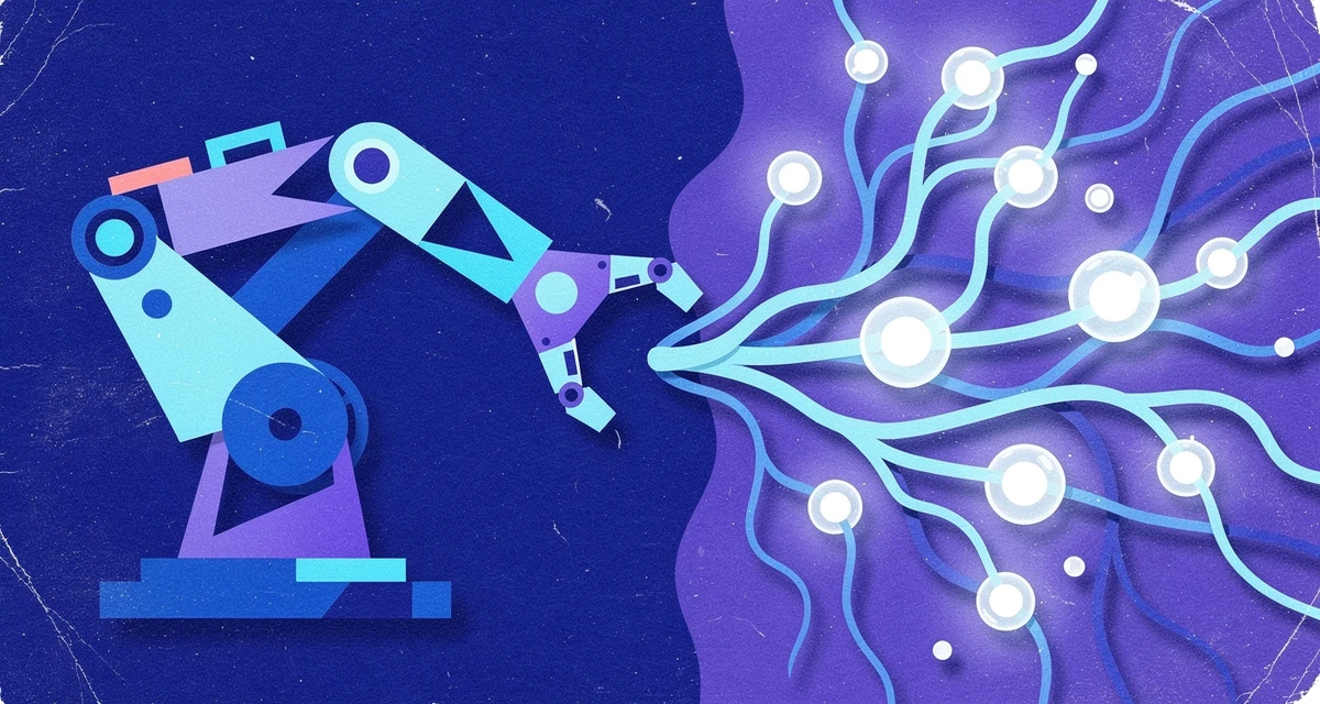 Retro collage illustration contrasting a rigid scripted robot arm with an adaptive glowing agent node, blue and purple tones