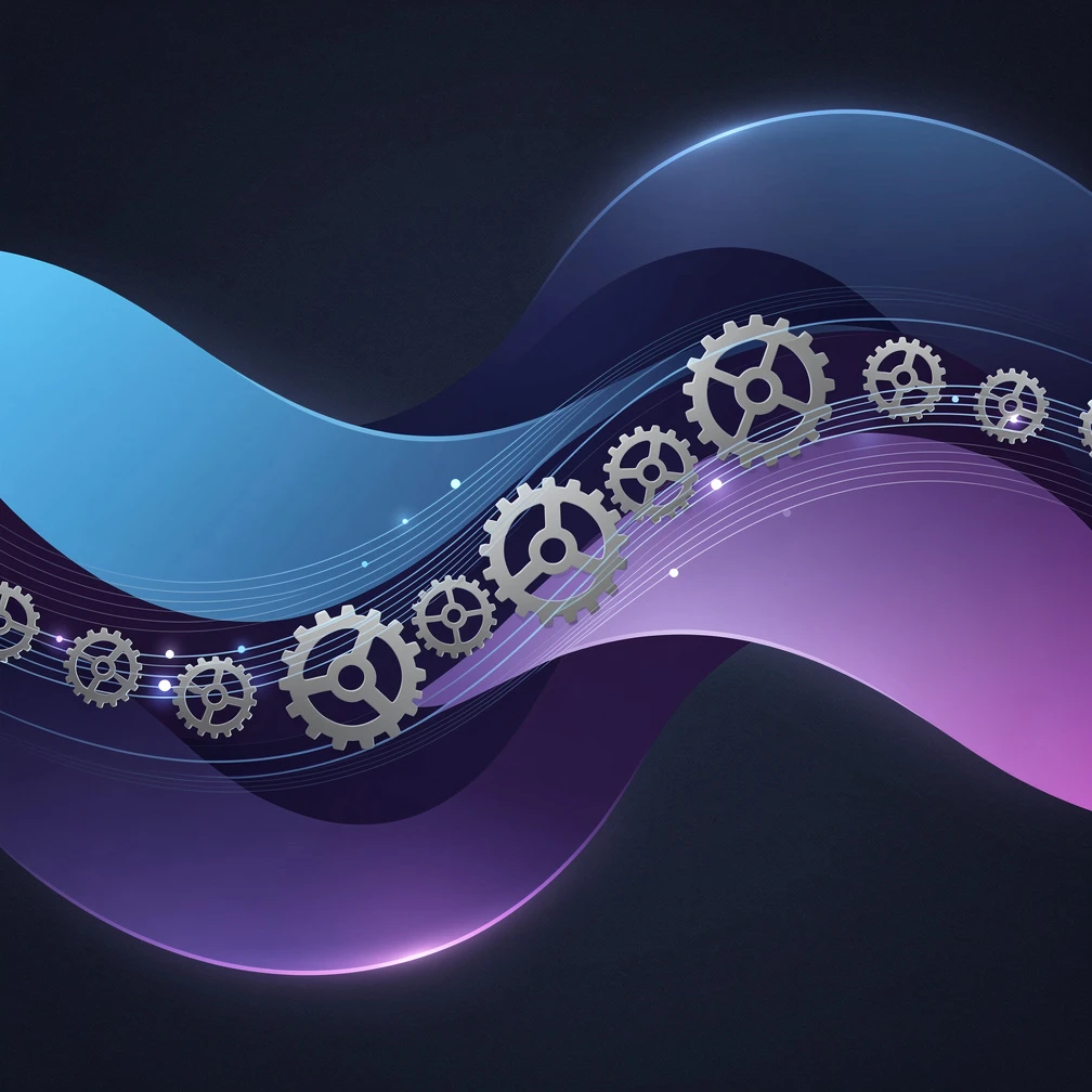 AI automation services guide — abstract gradient of interconnected data streams and gears in blue and purple