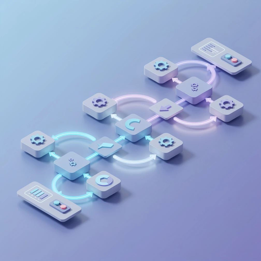 AI business automation workflow diagram showing interconnected process nodes and data flows
