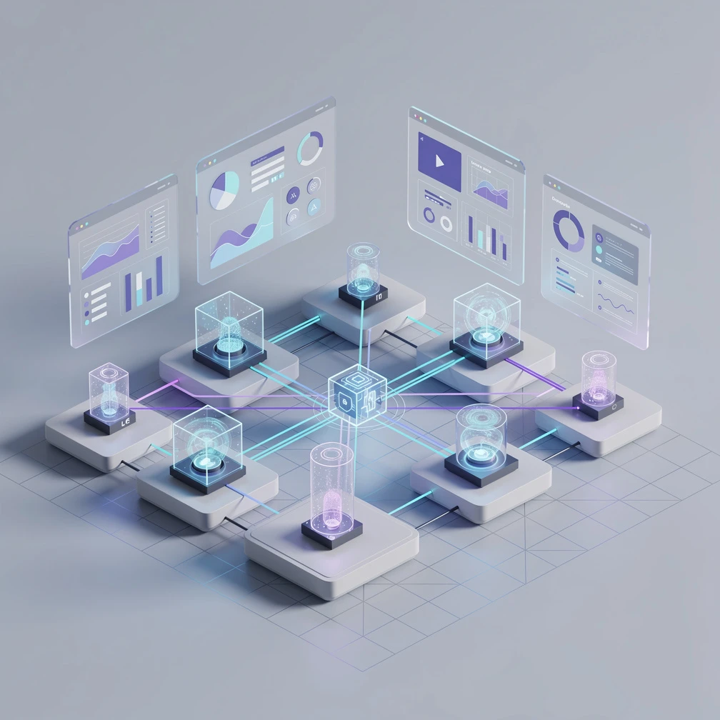 AI business solutions guide — isometric 3D render of connected workflow modules and data dashboards in blue and purple
