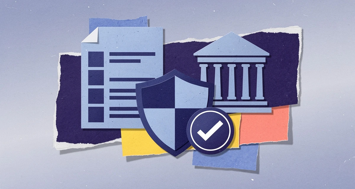 Retro collage of shield, ledger, and bank icons symbolizing AI compliance for financial services