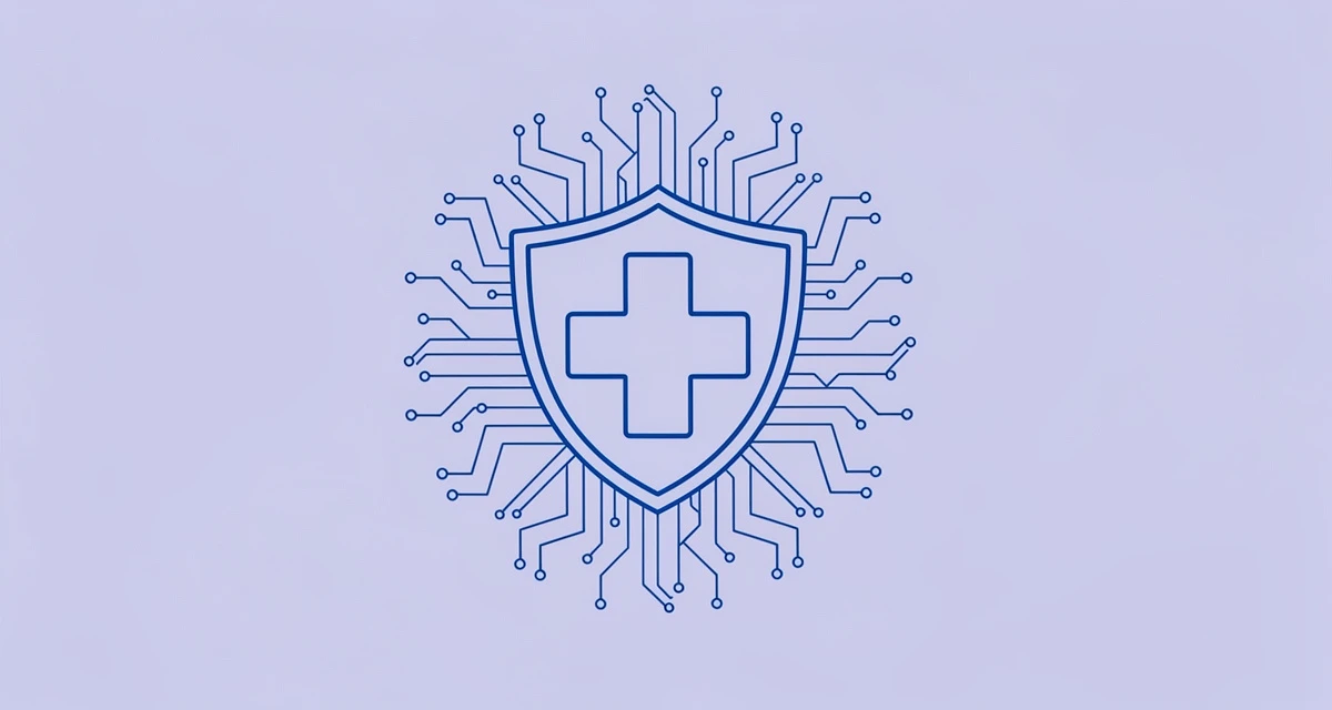 Minimal line art of a medical cross and security shield symbolizing AI compliance for healthcare