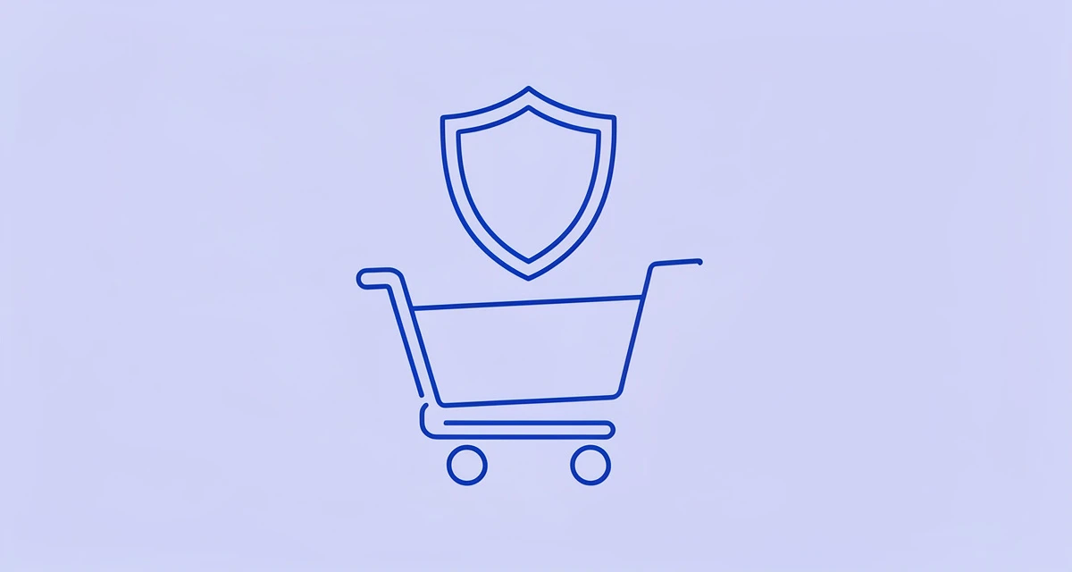 Minimal line art shield above a shopping cart symbolizing AI compliance for retail