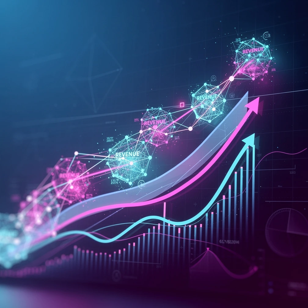 Isometric 3D render of an AI-driven business growth framework with interconnected data nodes and revenue metrics in blue and purple