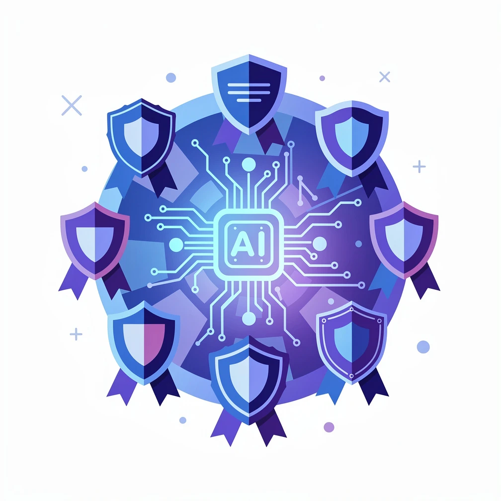 AI security certification badge cluster with shield, key, and credential icons in blue and purple flat illustration