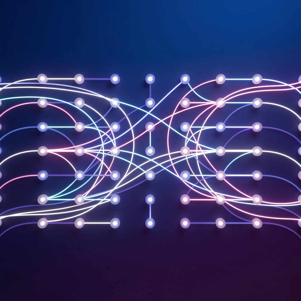 Data visualization showing attention weights as glowing arcs between neural network nodes, representing the attention mechanism in deep learning