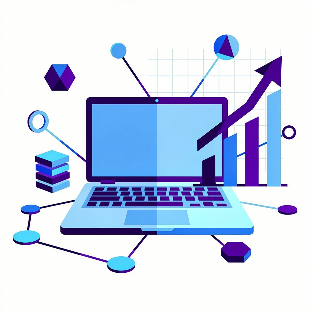 Flat illustration of AI business concepts with blue and purple geometric shapes representing digital entrepreneurship and technology