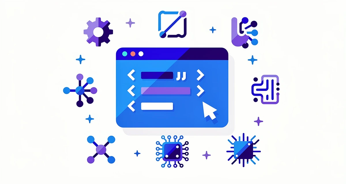 Best AI coding assistants for business teams — flat illustration of code brackets and tool icons in blue and purple