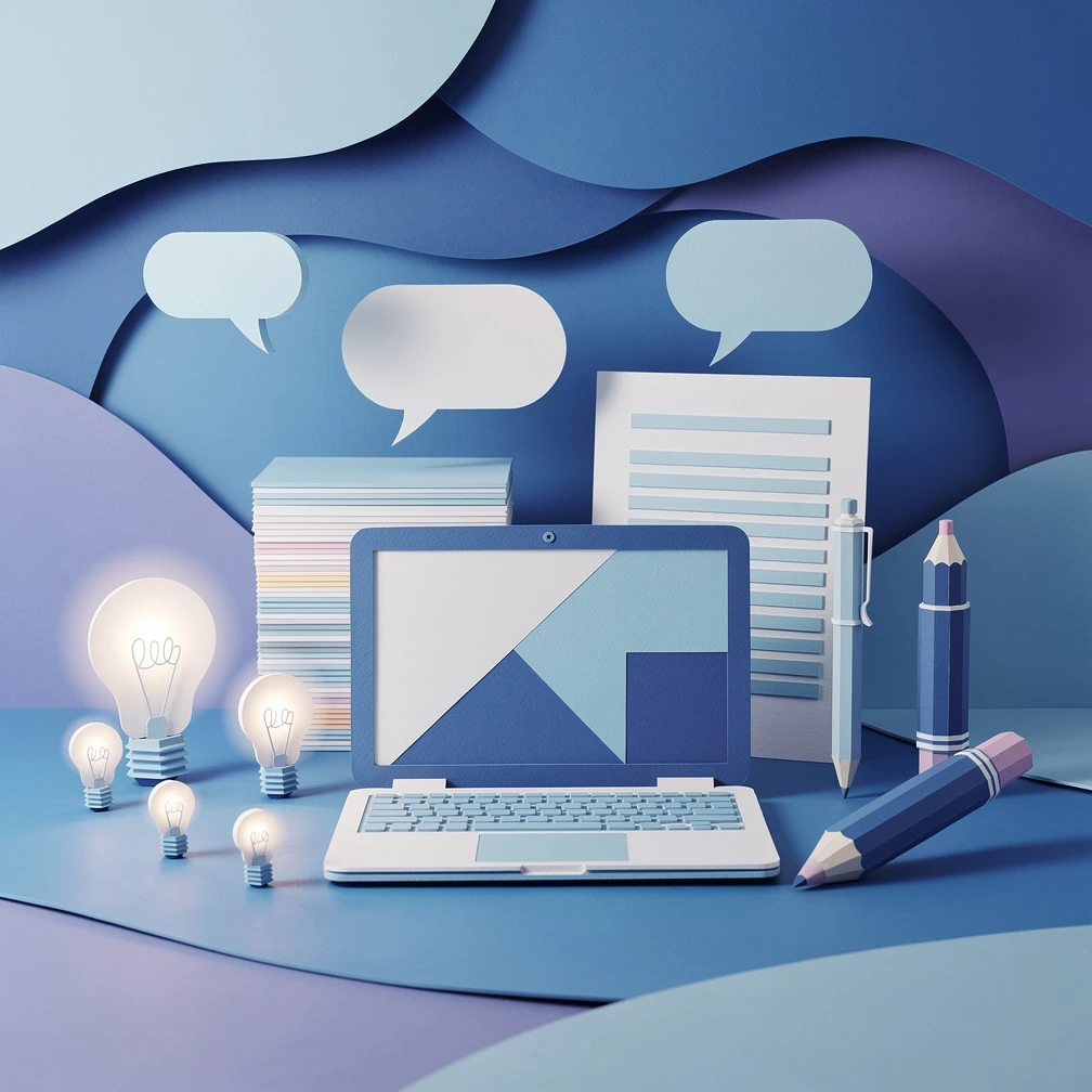 Best AI tools for content creation shown as a colorful paper craft diorama with blue and purple layered elements