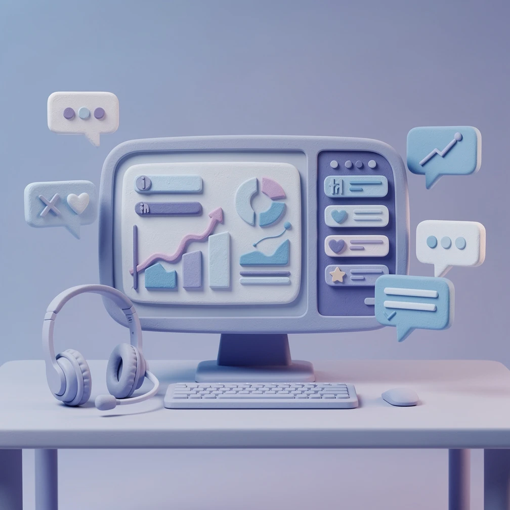 AI customer service tools interface with headset, chat bubbles, and data dashboard in blue and purple claymation style