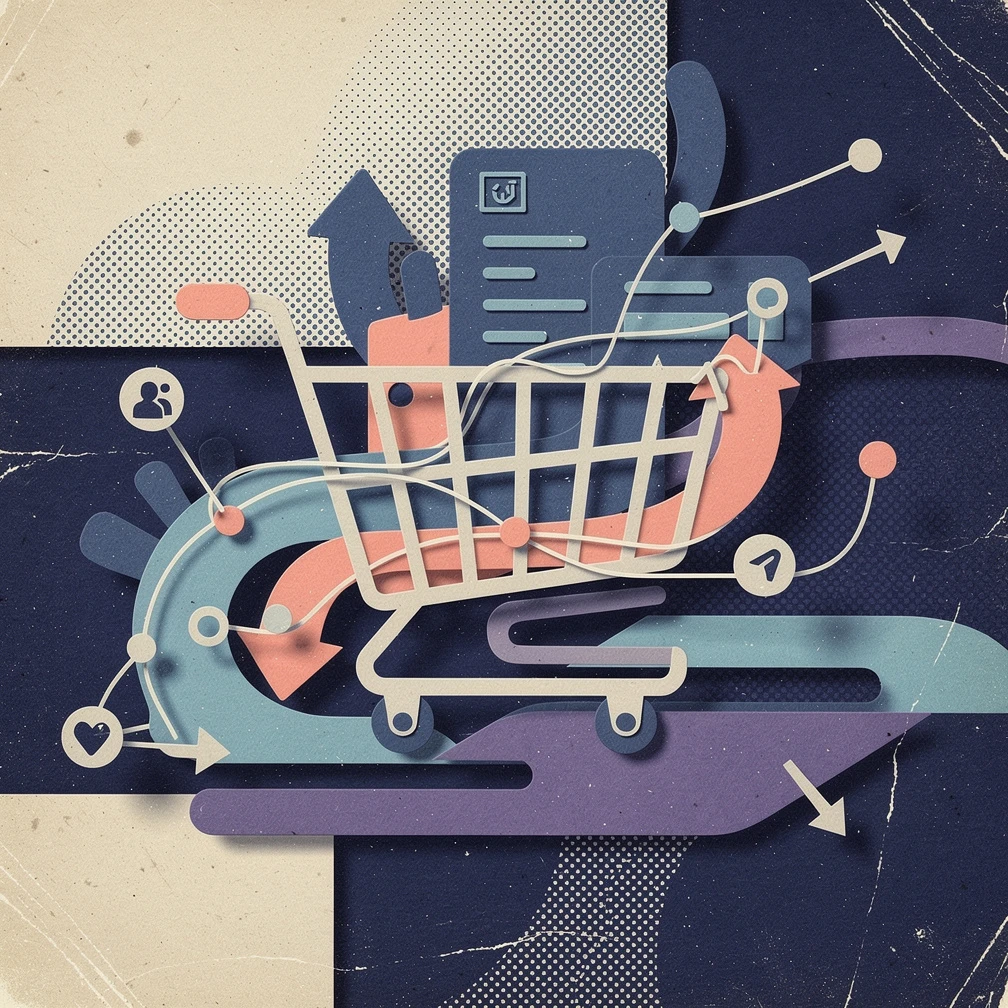 Best AI tools for e-commerce shown as retro collage of digital shopping interfaces and AI personalization elements