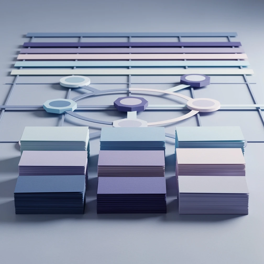 Best AI tools for project management — layered paper craft illustration of task cards, timelines, and connected nodes in blue and purple