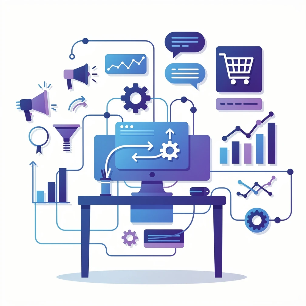 Best AI tools for small business — flat illustration of connected workflow icons in blue and purple