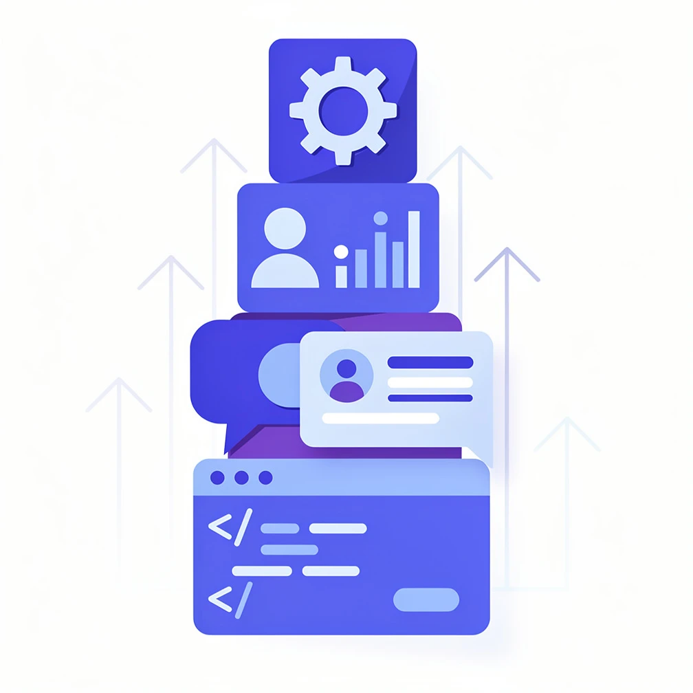 Best AI tools for startups — flat illustration of stacked AI tool icons in blue and purple