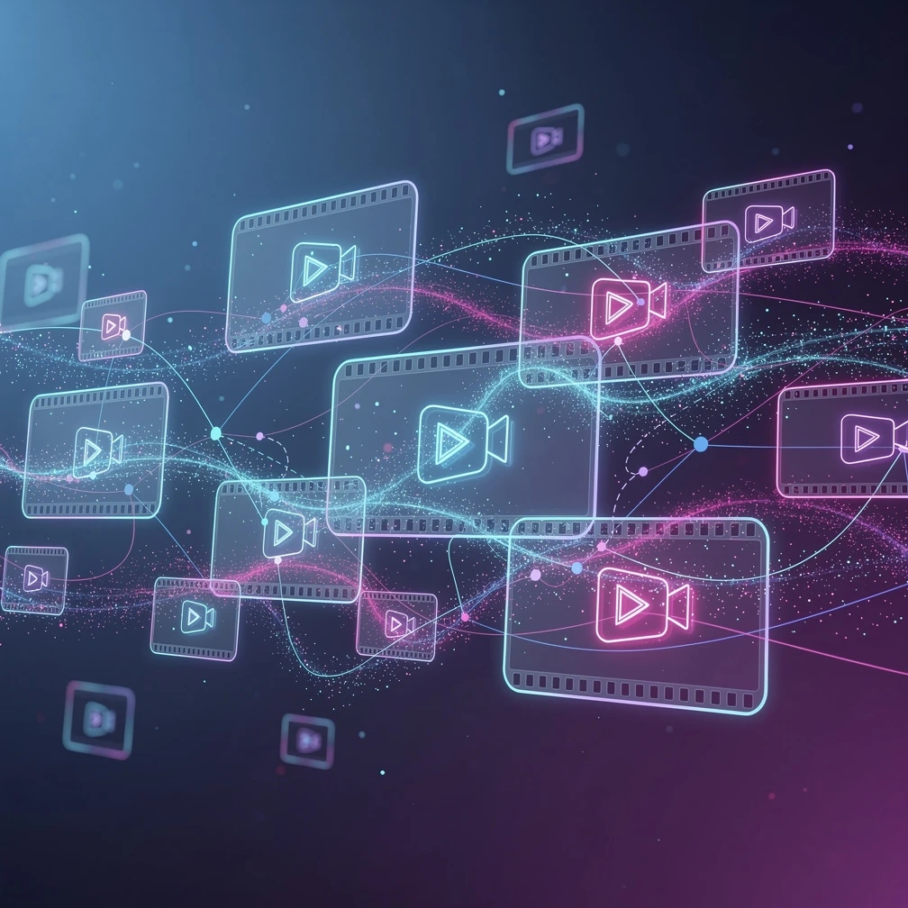Best AI video tools for business — glowing network of video frames and data nodes