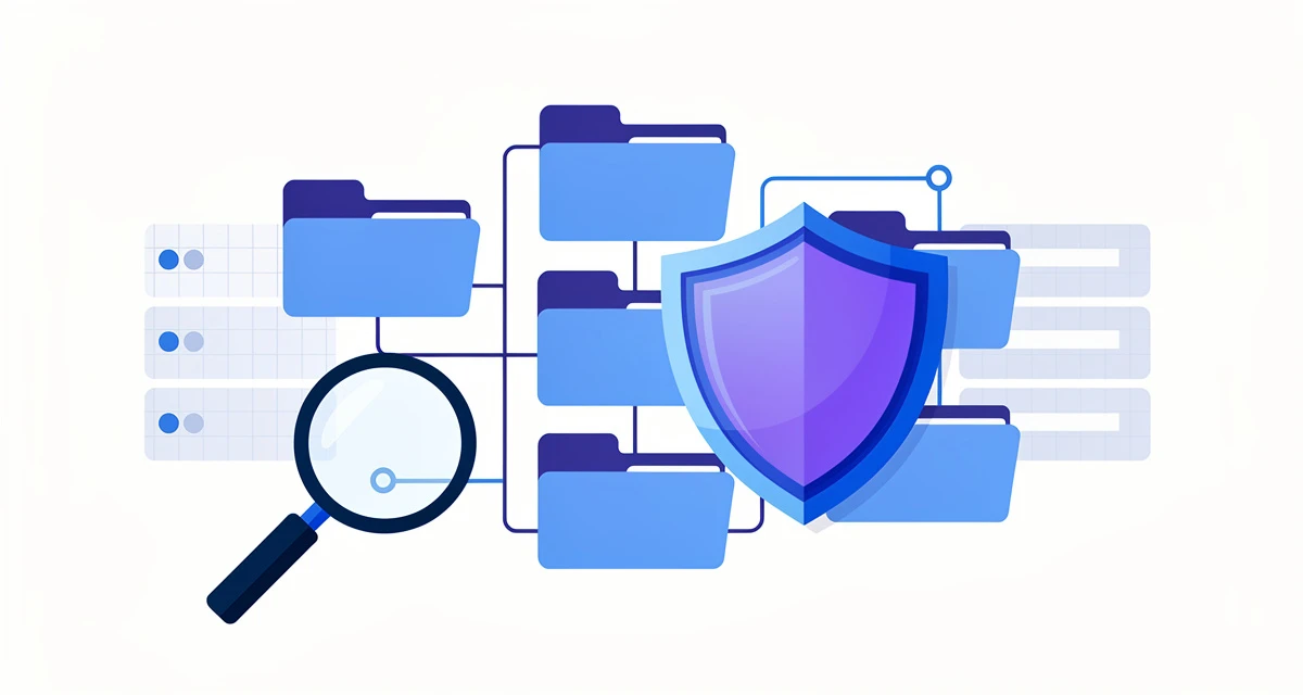 Flat illustration of connected data folders, a shield, and search icons representing data governance tools