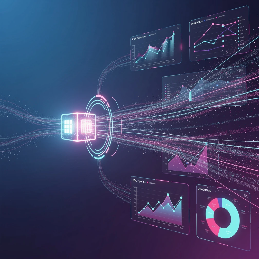 Data visualization of data analyst skills — SQL pipelines, dashboards, and BI charts flowing through a glowing network in blue and purple