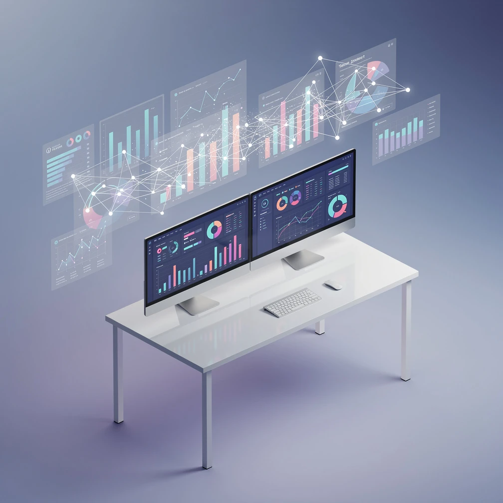Isometric 3D illustration of a data analytics workspace with floating charts and dashboards in blue and purple