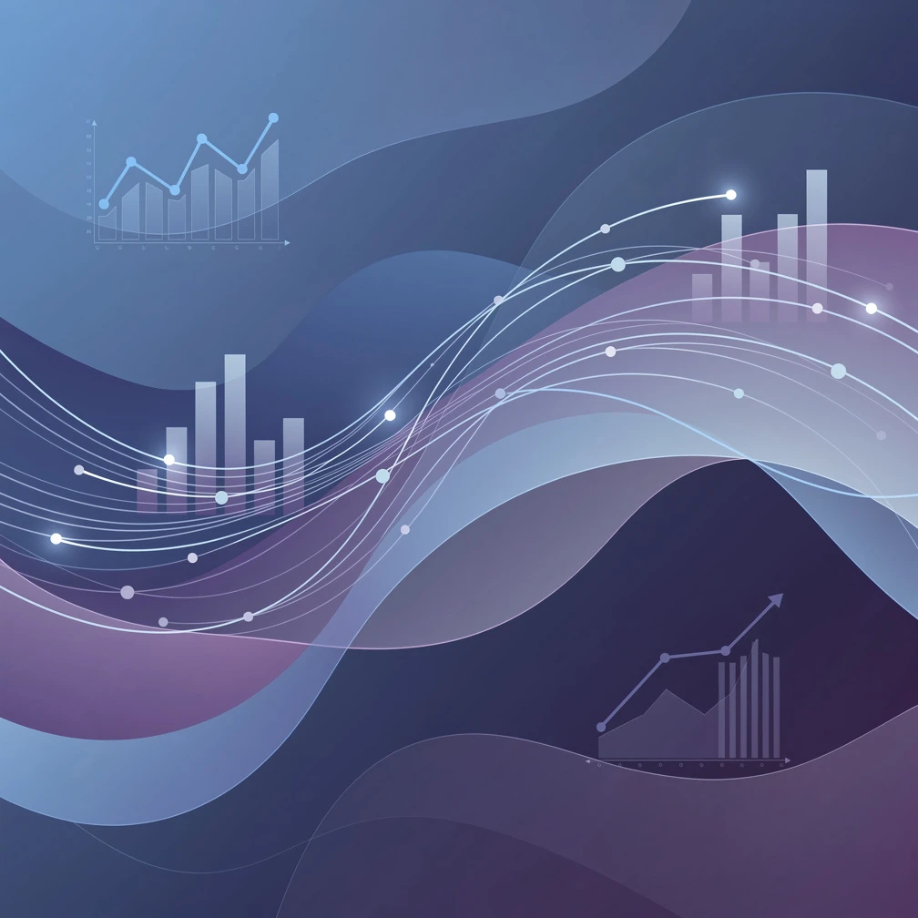 Abstract flowing data streams in blue and purple gradients representing data analytics workflows