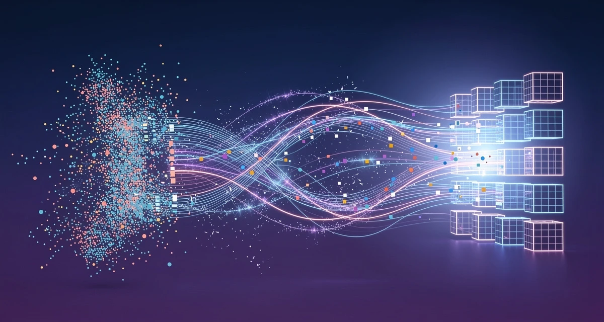 Data visualization art of a machine learning data preprocessing pipeline with glowing nodes for cleaning, scaling, and encoding stages