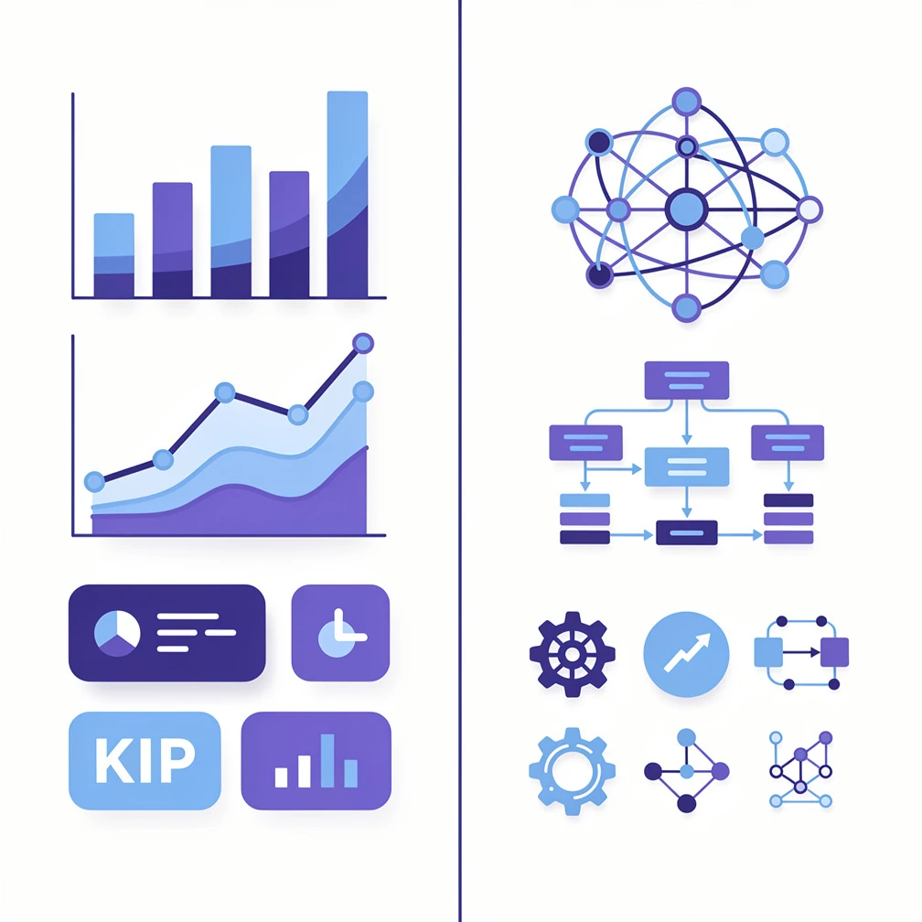 Flat vector illustration comparing data analytics dashboards and data science neural network models in blue and purple