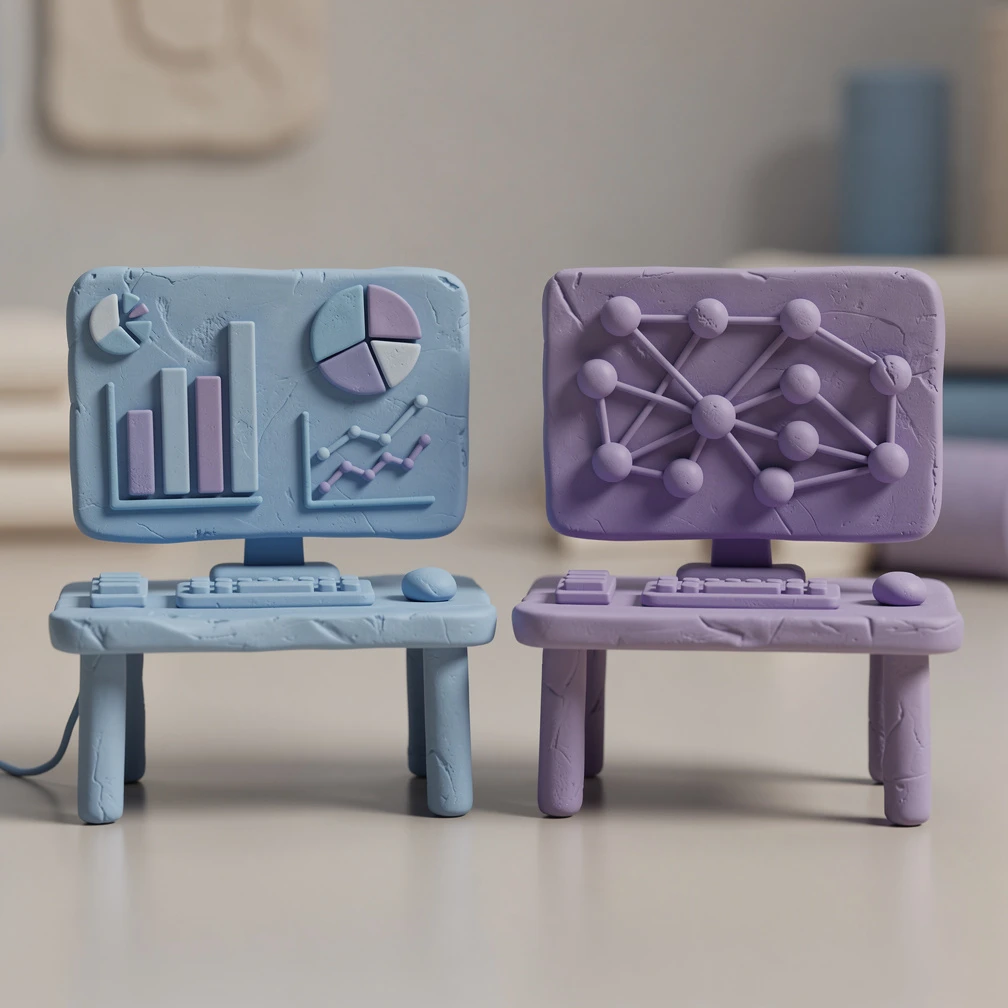 Data science vs machine learning comparison showing two distinct technical workspaces in claymation style