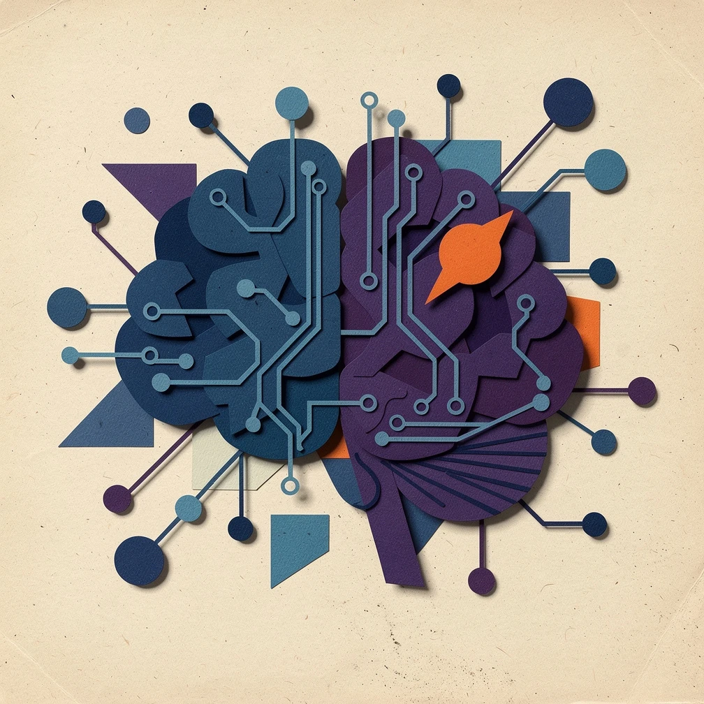 Retro collage of geometric brain and circuit shapes in blue and purple representing large language model neural network architecture