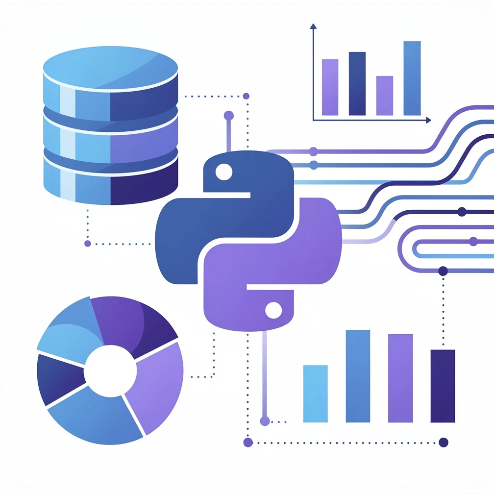 Does data science require coding — flat illustration of Python logo, database, and analytics charts in blue and purple