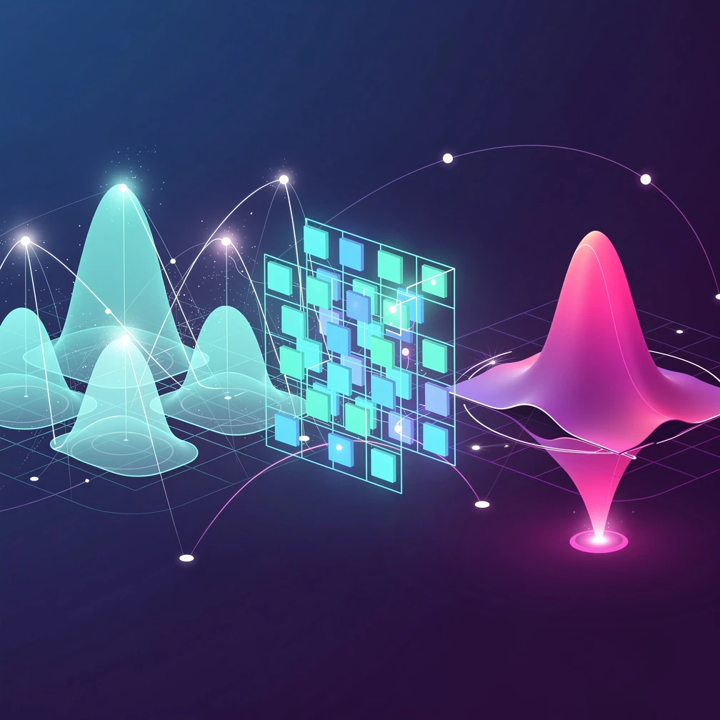 Does data science require math — data visualization of statistical distributions, matrix operations, and gradient curves in blue and purple