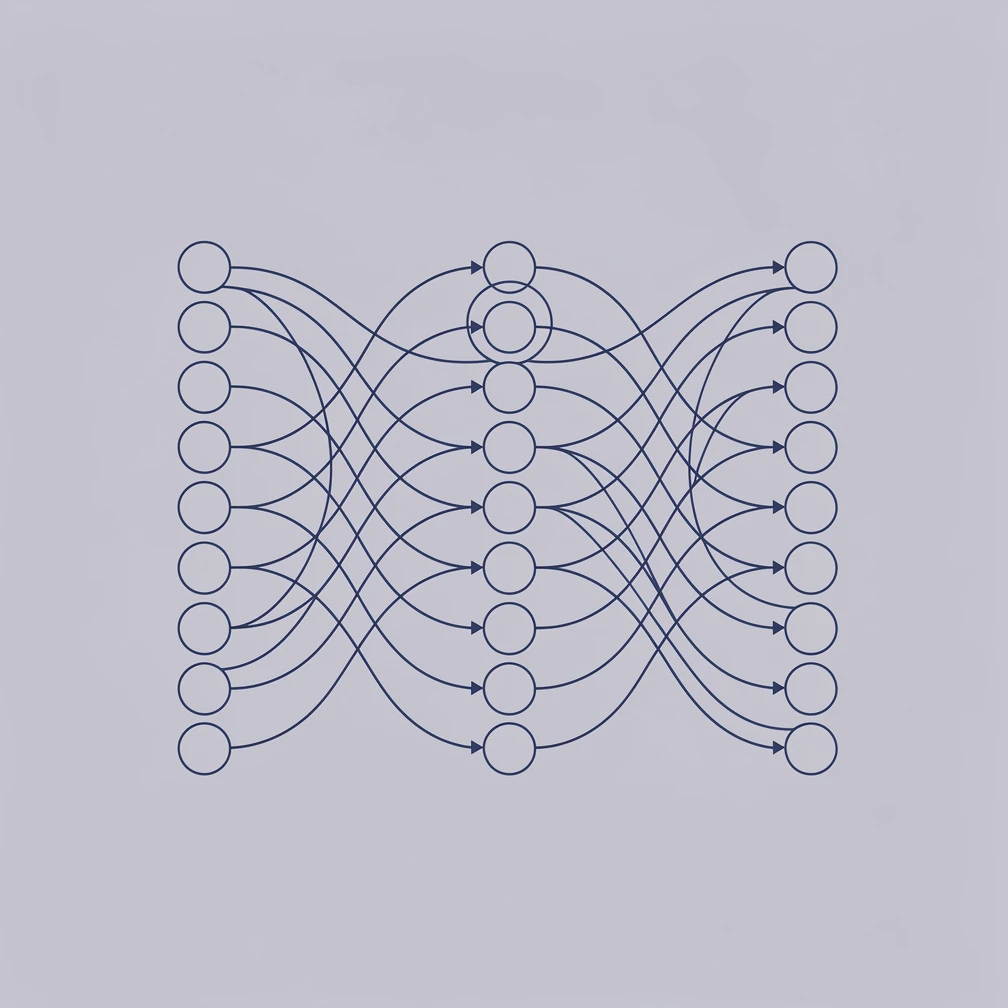 Minimal line art diagram of a feedforward neural network with input, hidden, and output layers in blue on purple background