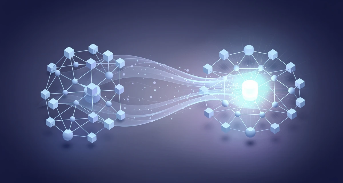 Isometric 3D render of two neural network towers analyzing data streams for anomaly detection in blue and purple