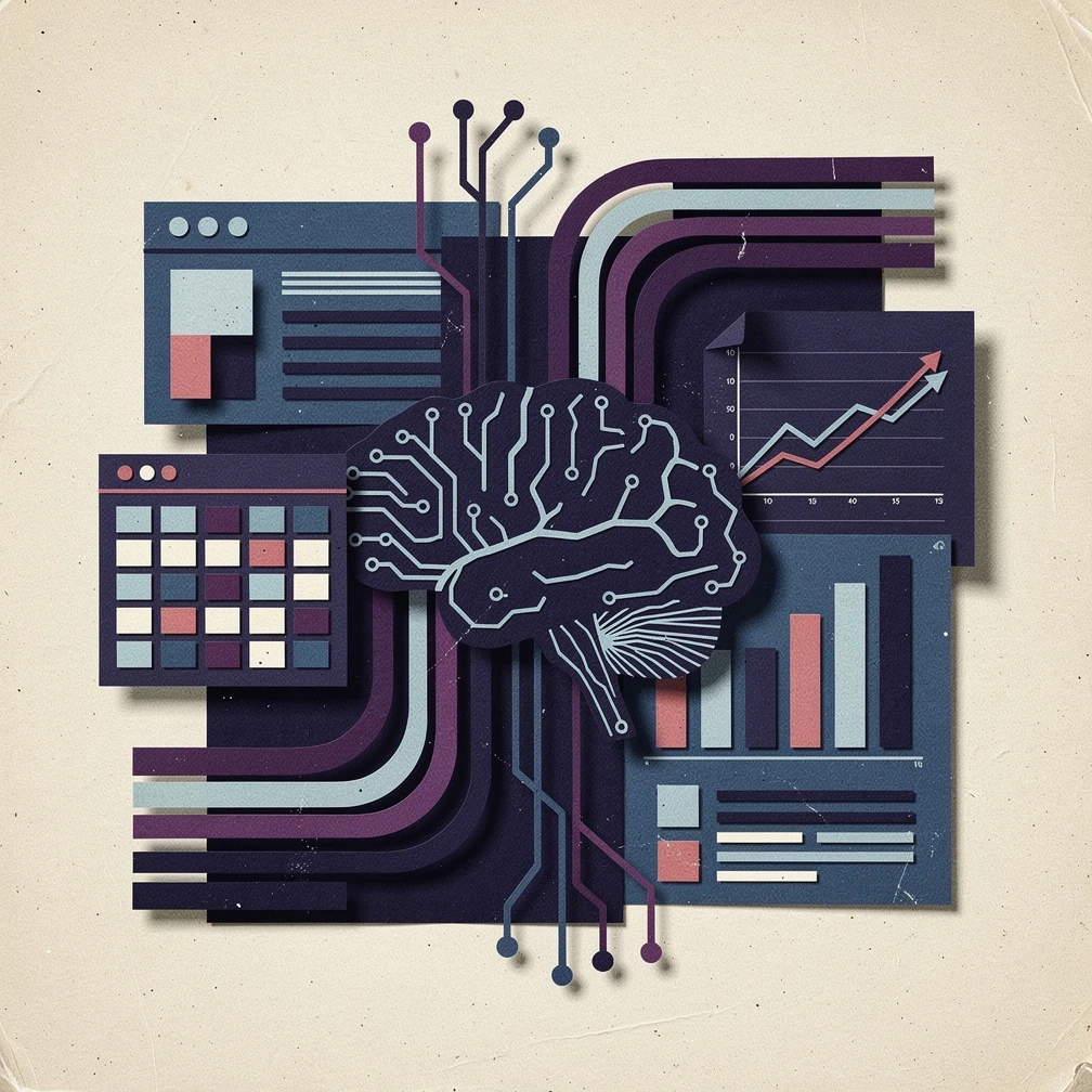 Retro collage illustration showing generative AI tools transforming business operations with blue and purple data streams