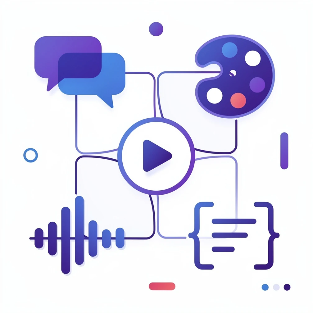 Generative AI websites examples illustration with abstract icons for text, image, video, and code generation