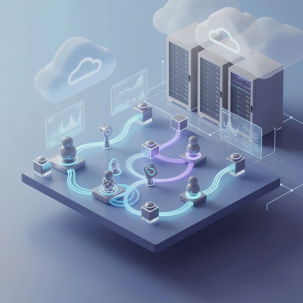 Google Agentspace enterprise AI platform — isometric 3D visualization of AI agent nodes and data flows