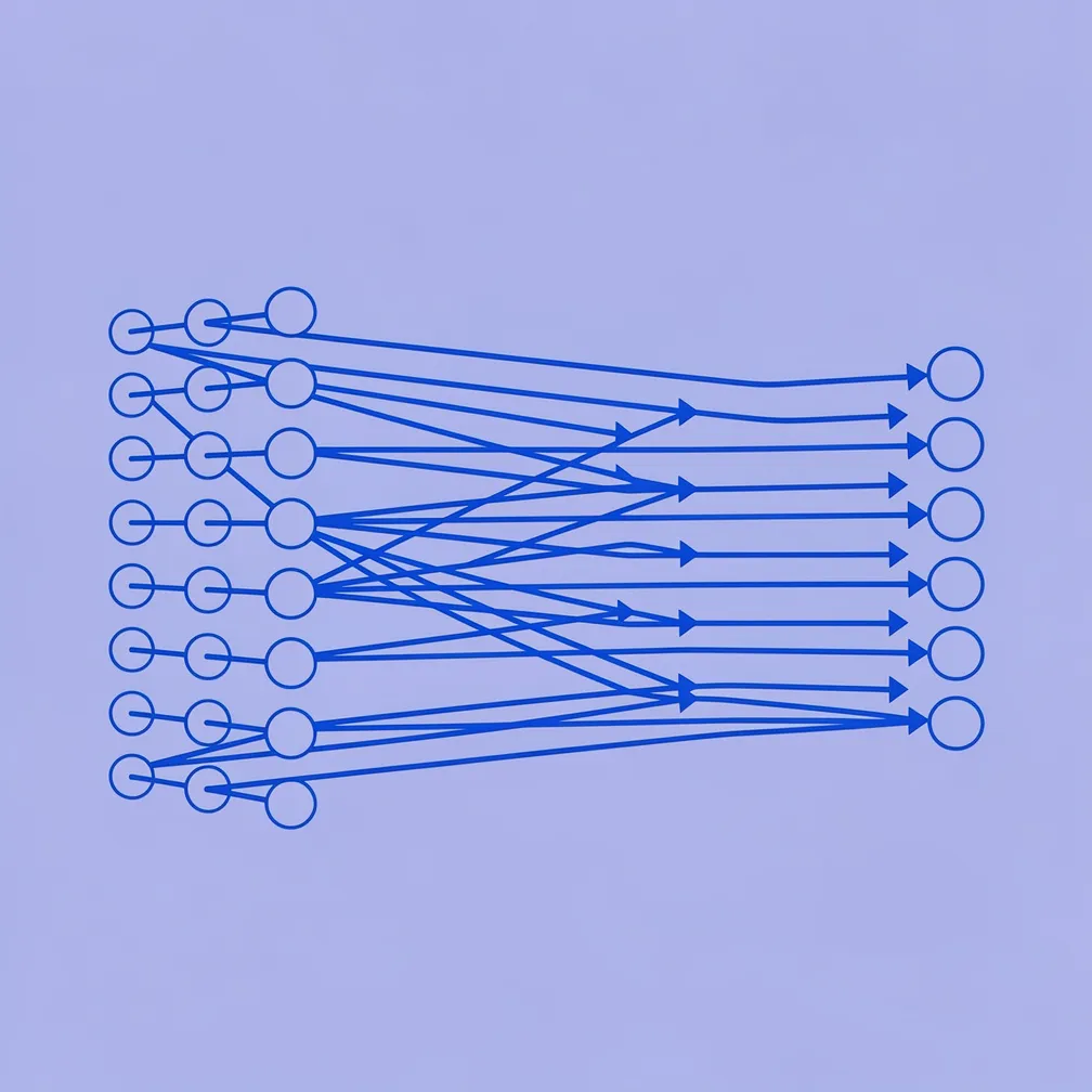 Abstract neural network diagram showing gradient flow backward through connected layers, representing backpropagation in deep learning