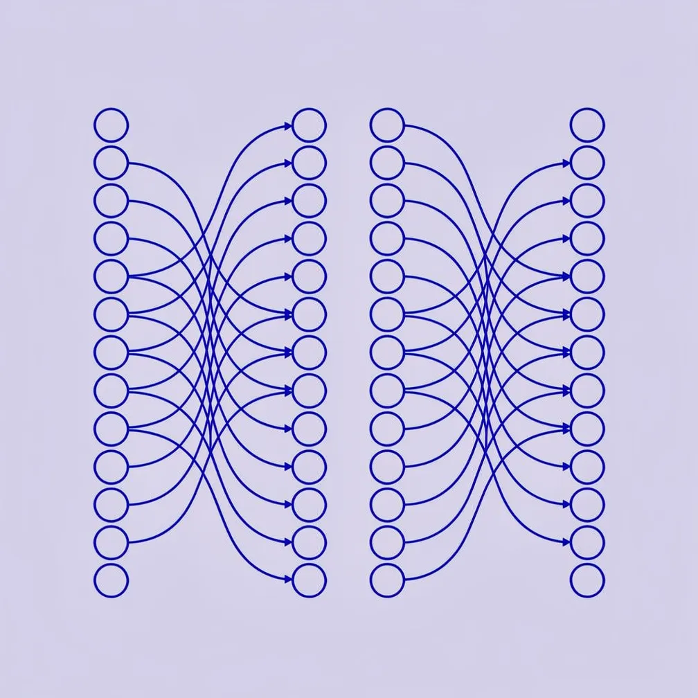 Neural network input layer architecture diagram showing nodes and connections in blue line art