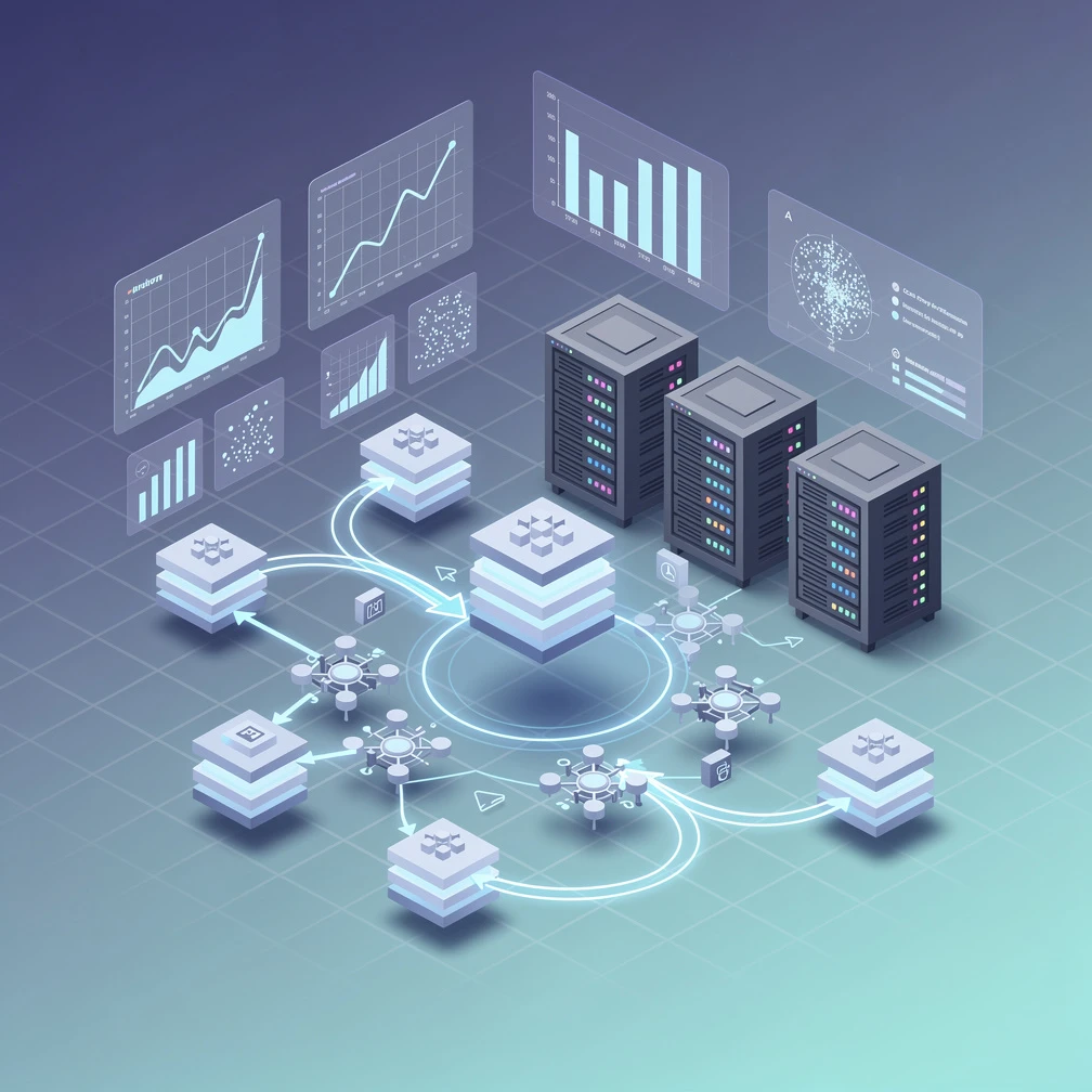 Isometric 3D illustration of a data science team workspace with floating charts, models, and code in blue and purple