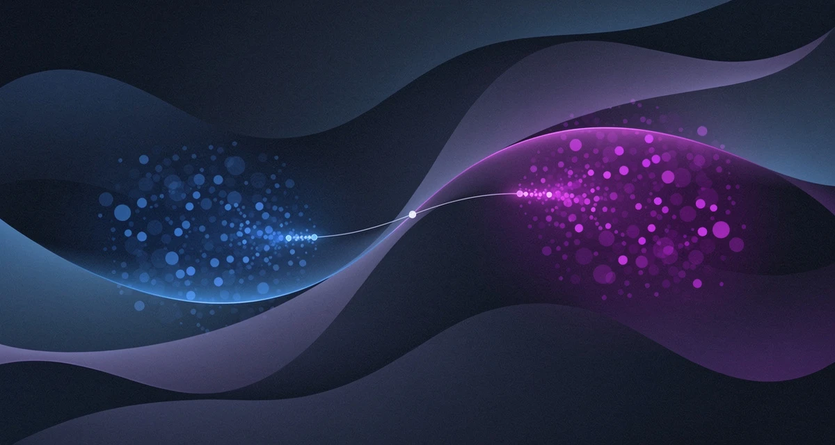 Abstract visualization of a neural network classification boundary separating two data clusters in blue and purple