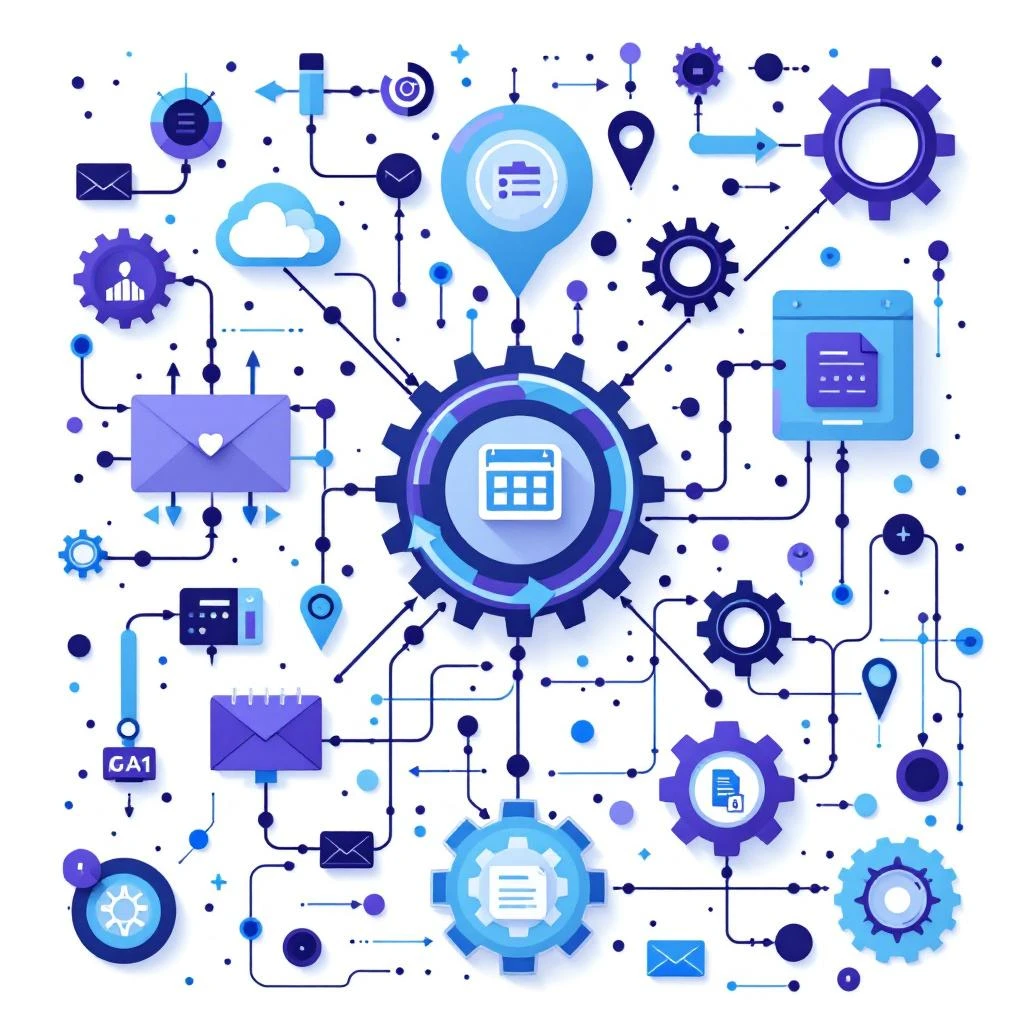 How to use AI to automate tasks — flat illustration of connected workflow nodes with blue and purple AI automation pipeline