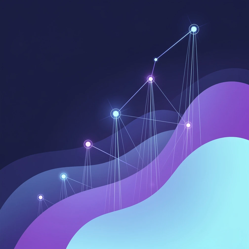 Abstract gradient visualization of AI-driven business growth with connected data nodes in blue and purple