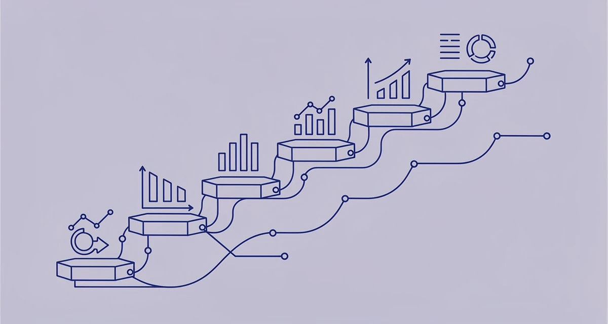 Minimal line art illustration of AI-powered business scaling with interconnected growth modules in blue on purple
