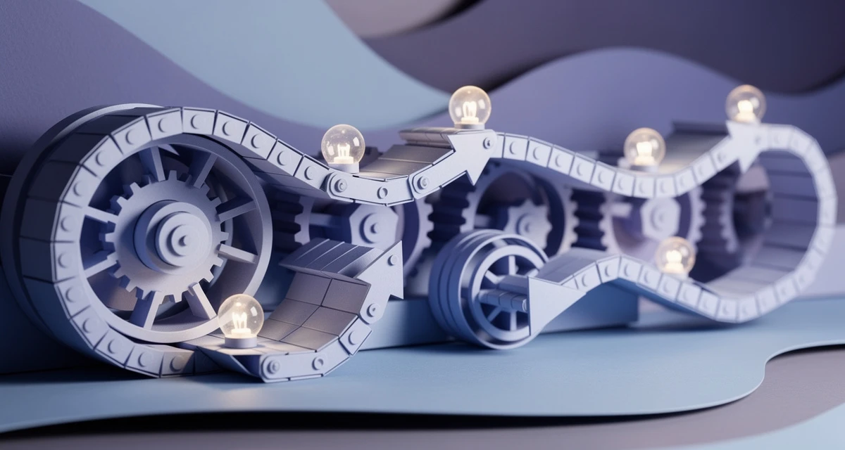 Paper craft diorama of layered automation gears and glowing AI nodes representing a hyperautomation strategy, blue and purple tones