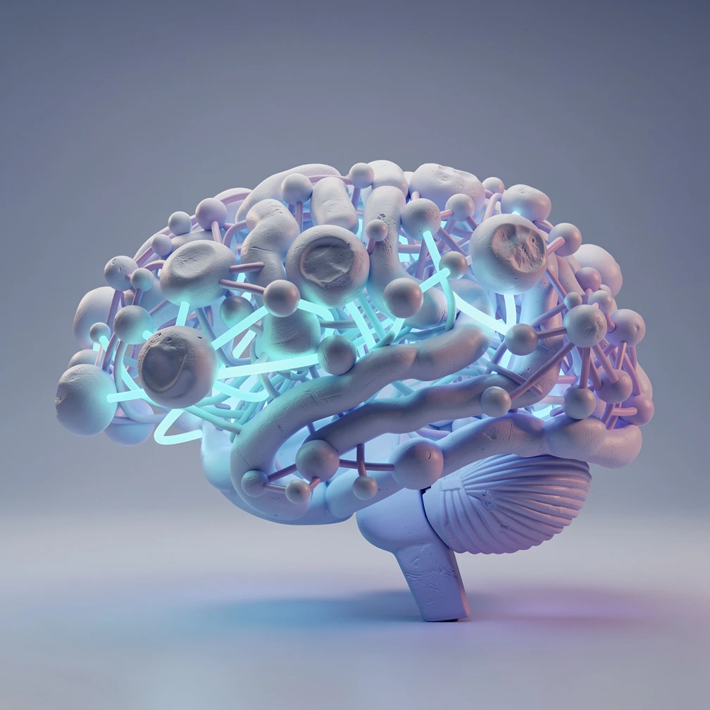 3D claymation-style neural network with interconnected rounded nodes in blue and purple, representing a large language model architecture