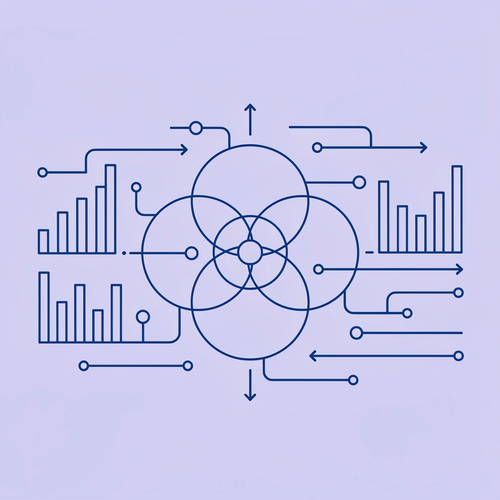 Minimal line art of data analytics elements — bar graphs, connecting lines, and circles in blue on soft purple background