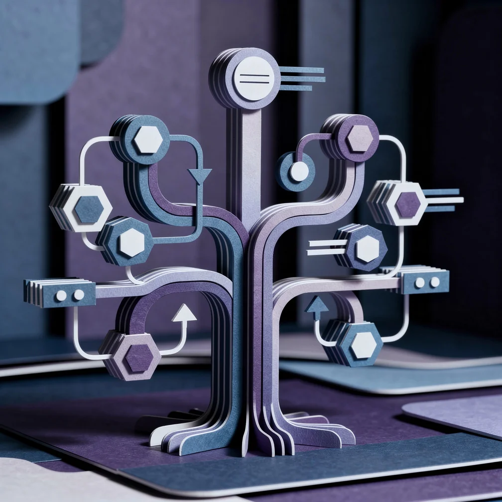 Machine learning algorithm types illustrated with data flows and nodes in blue and purple