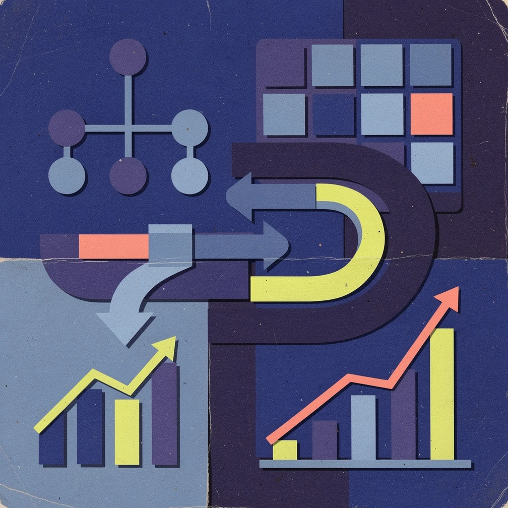Machine learning algorithms for business — retro collage of decision trees, data flows, and ROI charts in blue and purple