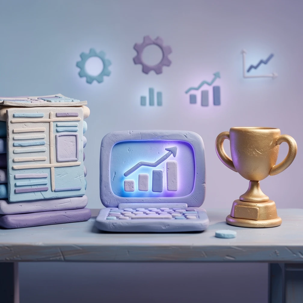 Machine learning for ISEF project workflow with claymation data, model, and trophy elements in blue and purple