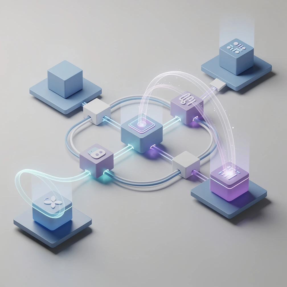 Make.com automation workflow — isometric 3D render of connected app modules in blue and purple tones