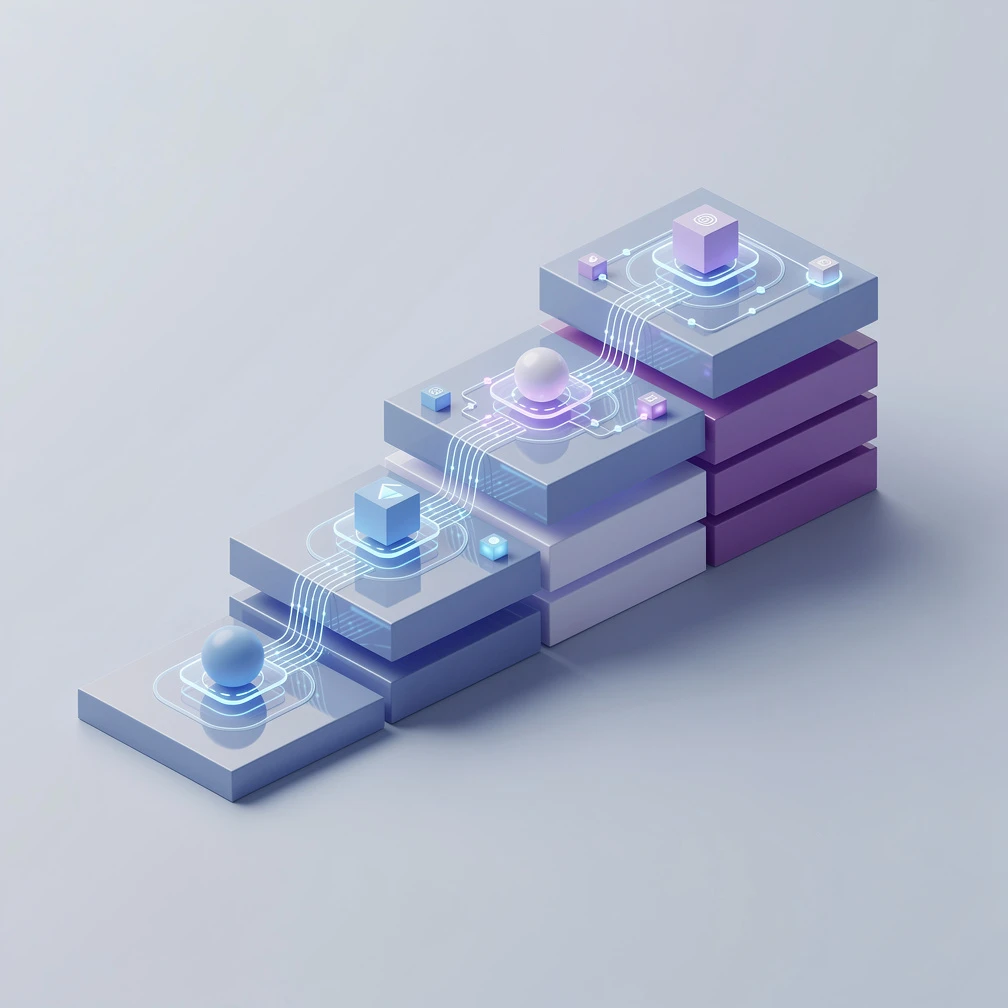Make.com pricing plans — isometric 3D render of stacked tier levels with workflow nodes in blue and purple