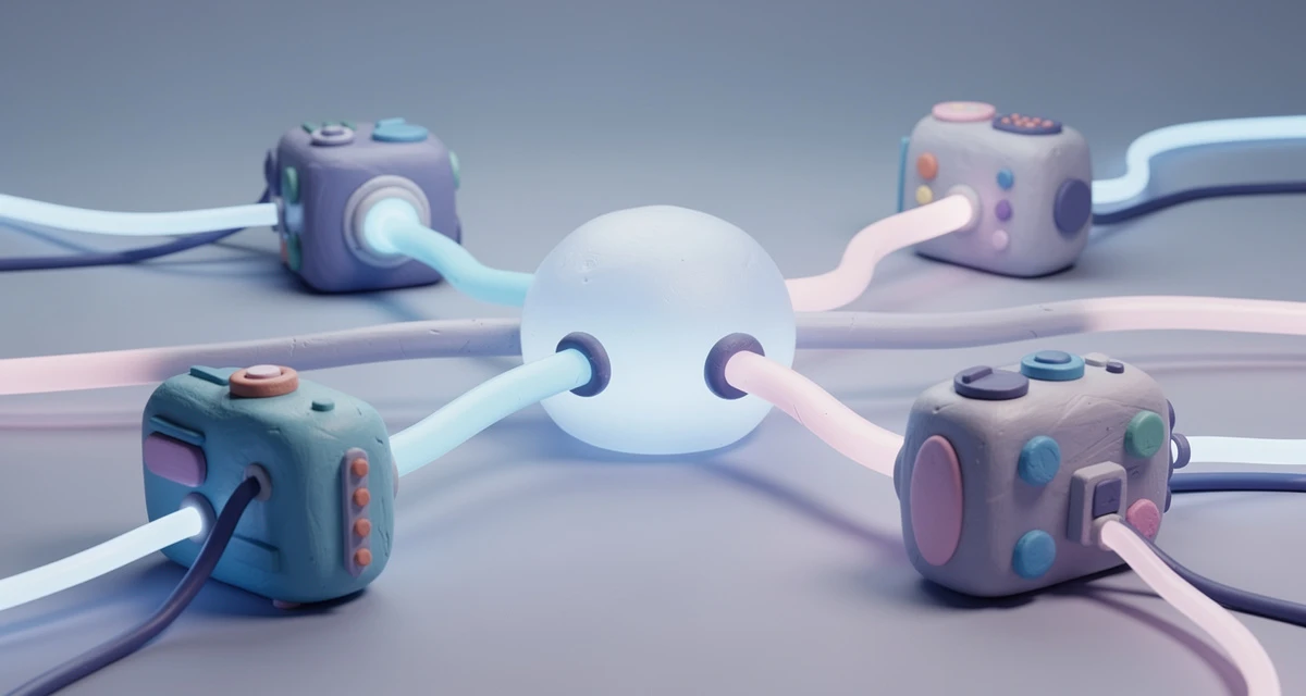 Claymation-style scene of glowing pathways routing to specialized rounded modules, representing mixture of experts in blue and purple